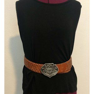 Vintage DKNY Genuine Leather Braided Belt Metal Eagle Built Tough Buckle Small